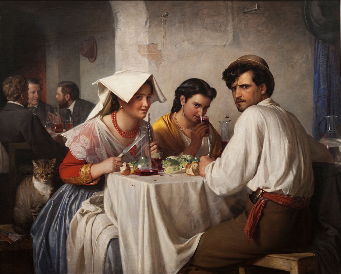 In a Roman Osteria is a painting by the Danish painter Carl Bloch. It was painted in 1866. The figure turning his back to the viewers is the painter himself. (National Gallery of Denmark, Copenhagen) #CarlBloch