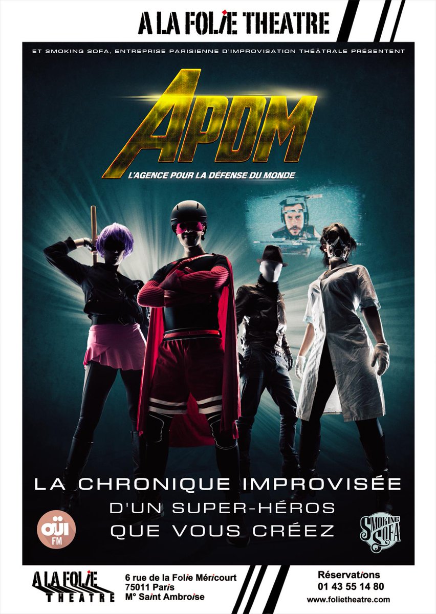 SmokingSofa's tweet photo. Regardez notre flyer 2019 avec notre nouveau partenaire @ouifm ! 
L'APDM revient du 27 juin au 27 juillet pour sauver le monde à la @ALAFOLIETHEATRE ! 
Vous serez là ?!
#APDM #theatre #theatrenews #impro #Heroes #HEROS https://t.co/5j2zBpJLSW