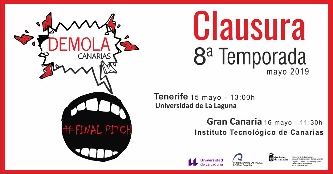 Cerramos la 8ª temporada de #DEMOLACanarias con la presentación de las soluciones ideadas por universitarios de <a href="/ULPGC/">ULPGC</a> y <a href="/ULL/">Universidad de La Laguna</a> para 9 retos de empresas canarias.
📌15/mayo, #Tenerife
📌16/mayo, #GranCanaria

✔Iniciativa de innovación abierta de @EcoGobCan.
demola.itccanarias.org