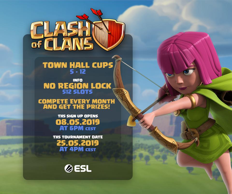 Oh, what's that? 👀 A new tournament? Yes! 🥳 

We are presenting the brand new <a href="/ClashofClans/">Clash of Clans</a> Town Hall Cup Series ⭐️ We will kick off with the very first TH5 Cup this month!

No region lock. 512 slots. Be ready!
📅 25th May at 4PM CEST

➡️ Register Now: esl.gg/2JopPs0