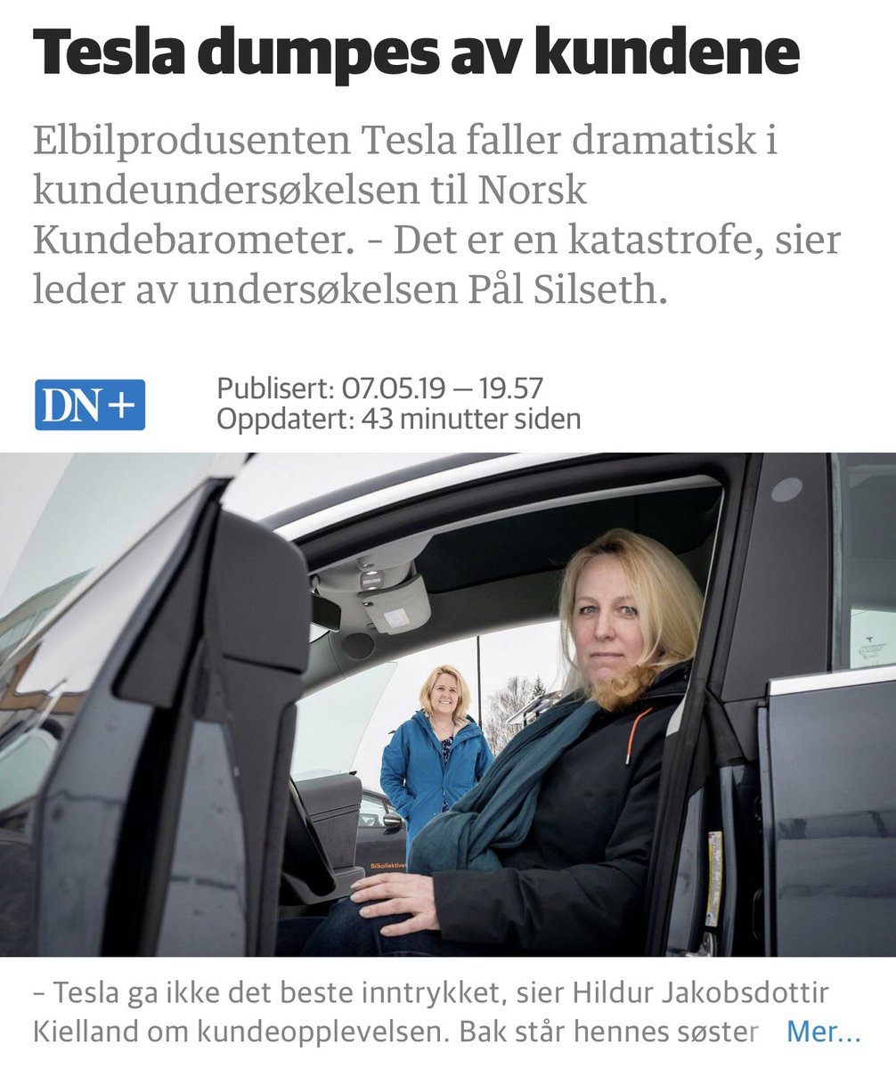 TeslaMom1's tweet photo. Norwegian news today: «Tesla gets dumped by its customers.» And the reason: Tesla’s (lack of) customer service. When will you upgrade your #Tesla service centers @Tesla @elonmusk? 🇳🇴🙄 https://t.co/ulaDfwKRsl