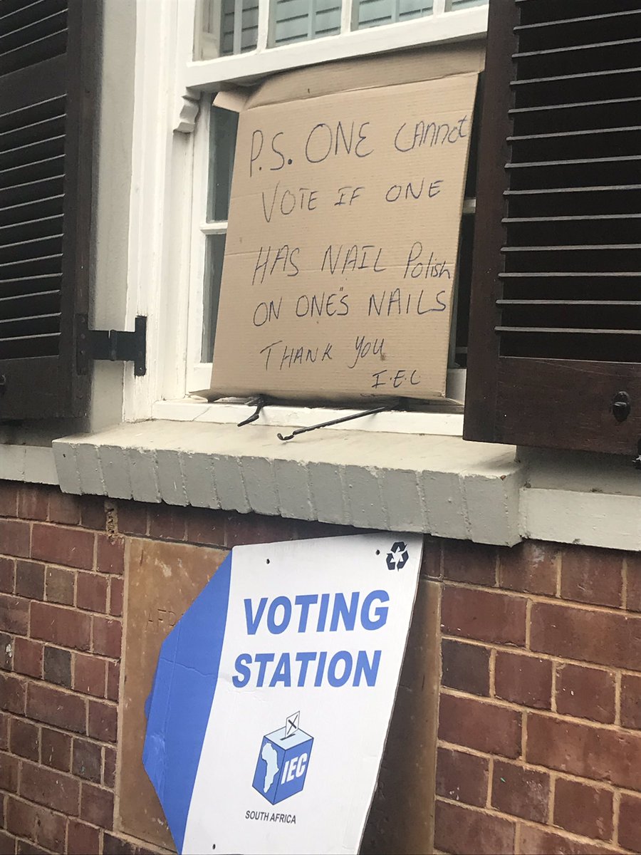 A_Strydom's tweet photo. Hey @IECSouthAfrica, you may want to tell electoral officials at Jan Van Riebeeck school in Cape Town that voting with nail polish is totally allowed. https://t.co/K0IHkm0YaM