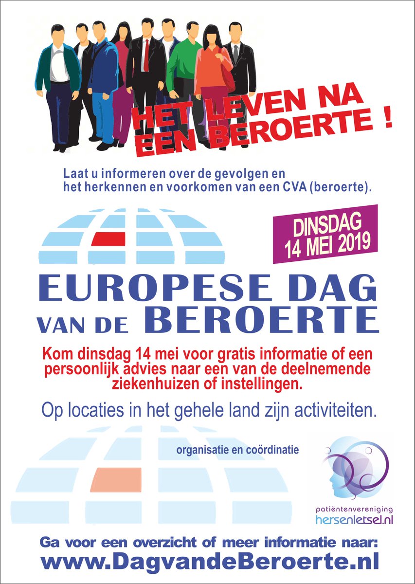 Jaarlijks wordt er in Europa aandacht gevraagd voor de gevolgen van een beroerte. Vaak zijn de gevolgen aanzienlijk voor diegene die het overkomt  en de naasten .Goed dat er op 14 mei op veel locaties in NL de gelegenheid  is om je te laten informeren. dagvandeberoerte.nl