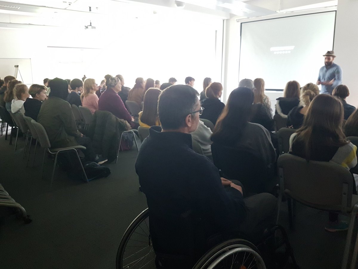 SammyAspden's tweet photo. Fantastic turnout and fab atmosphere for Jamie Carruthers @ProDirectSports keynote speech @UCSouthDevon Digital Media Art Design #researchshowcase @gjdmedia @stevecaunter1 @sdcollege https://t.co/WYD7evq4rJ