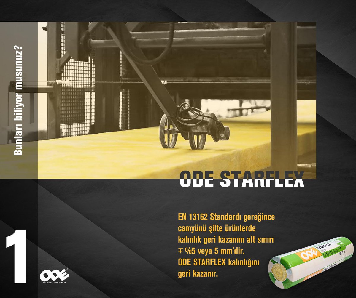 ODE_YALITIM's tweet image. EN 13162 Standardı (Mineral yünler için ısı yalıtım ürün standardı) gereğince camyünü şilte ürünlerde kalınlık geri kazanım alt sınırının ± %5 veya 5 mm olduğunu biliyor musunuz? ODE STARFLEX kalınlığını geri kazanır.
#ODEyalıtım #ODEstarflex