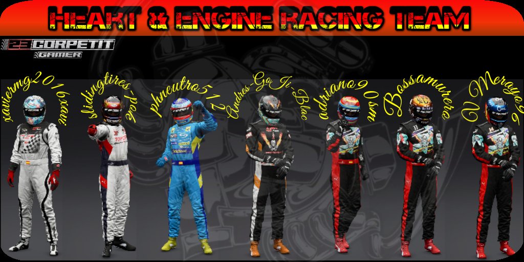 BOMBA!!!! Llegan los refuerzos!!!! Los nuevos fichajes de <a href="/HeartandEngine/">Heart & Engine</a> ya estan aquí!!!! A darlo todo!!! <a href="/3DreamsProjects/">3DreamsProjects</a> <a href="/ZalemSim/">Zalem Simuladores</a> <a href="/SimWheelPlate/">Sim Wheel Plate</a> #hazlocreative #tallerestorque @LuisGtSport <a href="/PRoneMotorsport/">Project One Motorsport</a> <a href="/Euromaster_es/">@euromaster_es</a> @NWS_Mimajuto <a href="/baronpozi/">🇪🇸 baronpozi 🇪🇸</a> <a href="/lecesports/">LEC Esports</a> @C_WEC