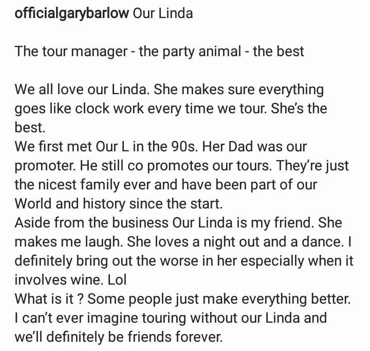 Garyismyhero's tweet photo. @GaryBarlow on #Instagram 😊 #tourmanager #forever #nicest #promotor #history #wine #Linda #people #friends #first #dad #especially #business #nightout #everythingbetter #thetourmanagerthepartyanimalthebest #clockwork #worse #family #dance #love
https://t.co/hIW2TKim7i https://t.co/Y7UFdcbQZ2