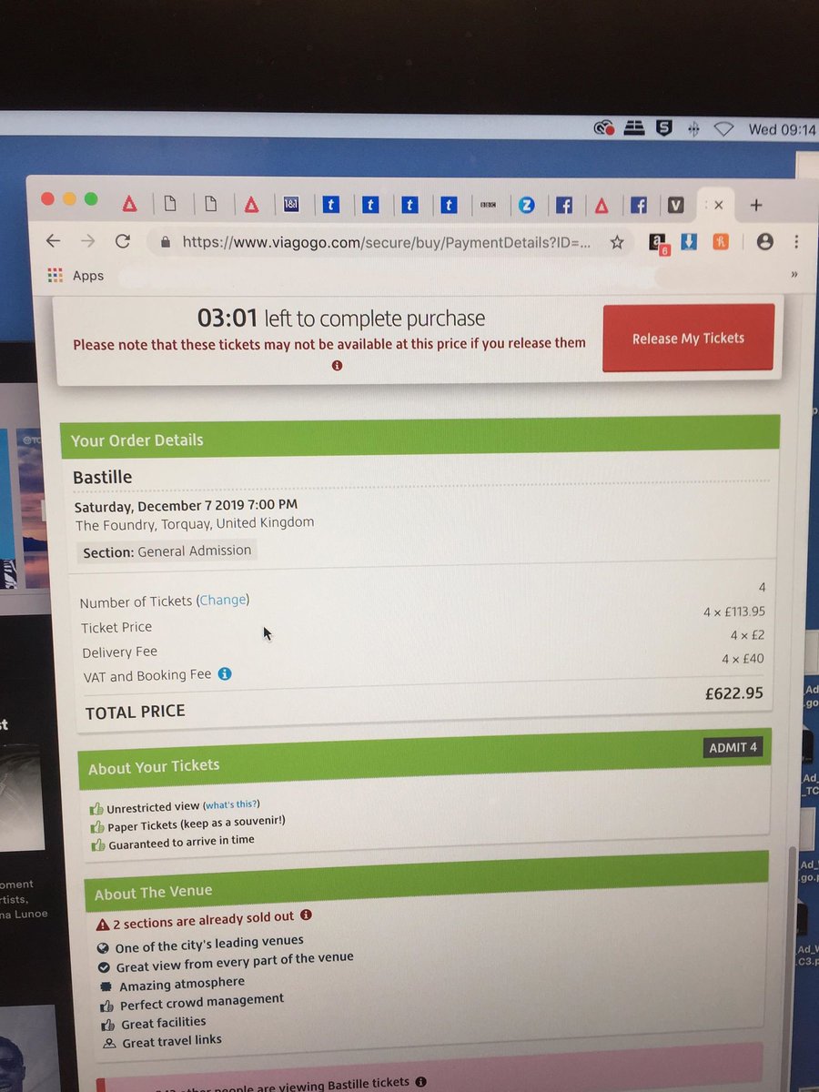 tonybrian1979's tweet photo. @viagogo @bastilledan @CMAgovUK Another fine example of the rip off site that is Viagogo. Tickets for Bastille in Torquay cost £43 with fees from Ticketmaster yet 14 minutes after the presale started, Viagogo are selling them for over £150 each #stoptouts https://t.co/flood7cX3T