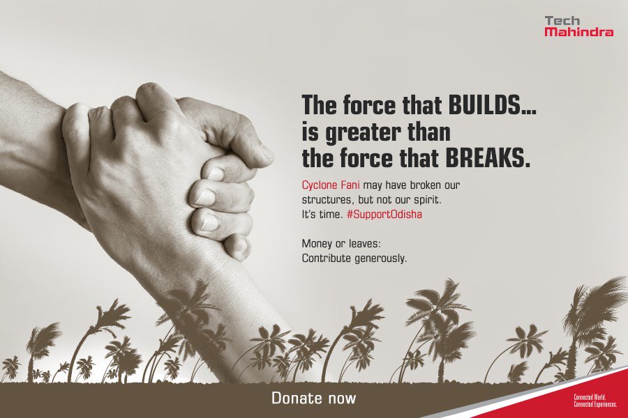 C_P_Gurnani's tweet photo. The force that builds is ALWAYS greater than the force that breaks.

Thank you @tech_mahindra for coming forward to support #OdishaAfterFani and donating your leaves &amp; rewards. #Odisha shall be rebuilt.

@Naveen_Odisha https://t.co/qX4lL97cYt