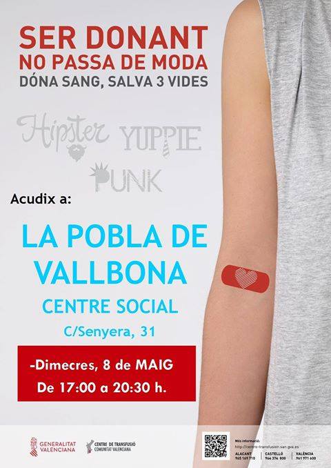 💓 Donació de sang 💓
Acosta't esta vesprada al centre social entre les 17 i les 20:30! Trobaràs la Unitat mòbil del Centre de Transfusió per aquelles persones que vullguen realitzar donació de sang.