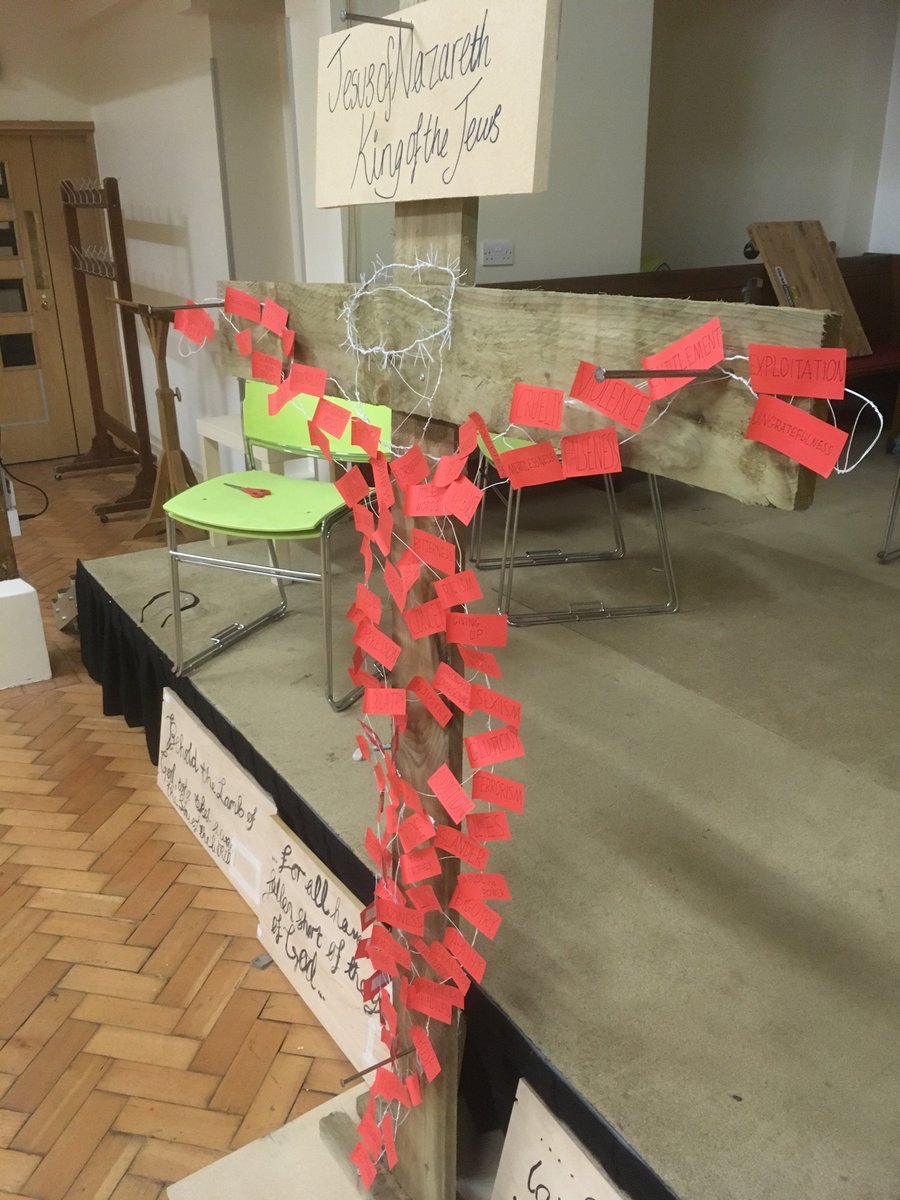 ONEProgramme's tweet image. OPP Update - Joe, the OPP @HighstMethodist says “I had an idea given to me on a prayer walk&amp;amp;this is the result! The white-as-snow Christ figure, covered in the scarlet sins of the world&amp;amp; bible verses show this value to us.&quot; It was in the church window in Holy Week #ONEProgramme