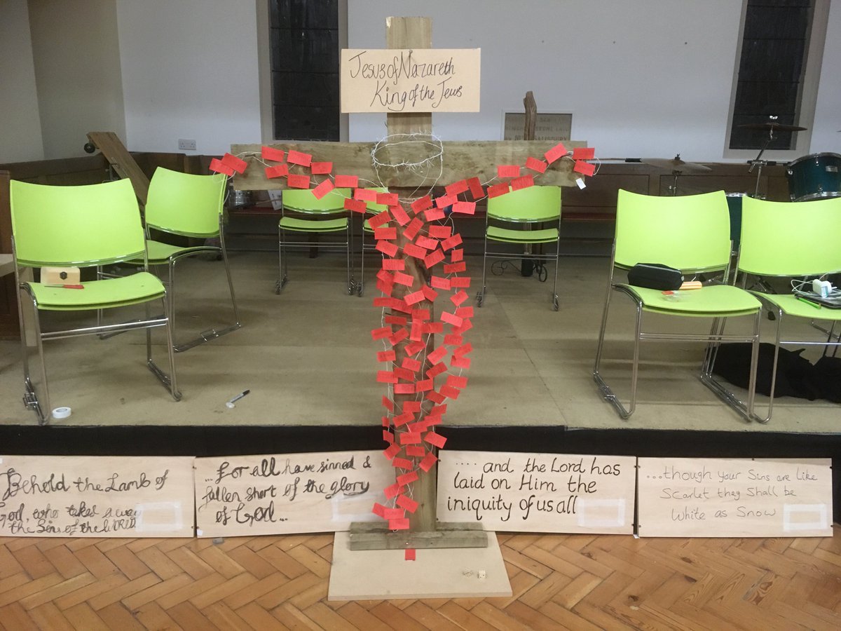 ONEProgramme's tweet image. OPP Update - Joe, the OPP @HighstMethodist says “I had an idea given to me on a prayer walk&amp;amp;this is the result! The white-as-snow Christ figure, covered in the scarlet sins of the world&amp;amp; bible verses show this value to us.&quot; It was in the church window in Holy Week #ONEProgramme