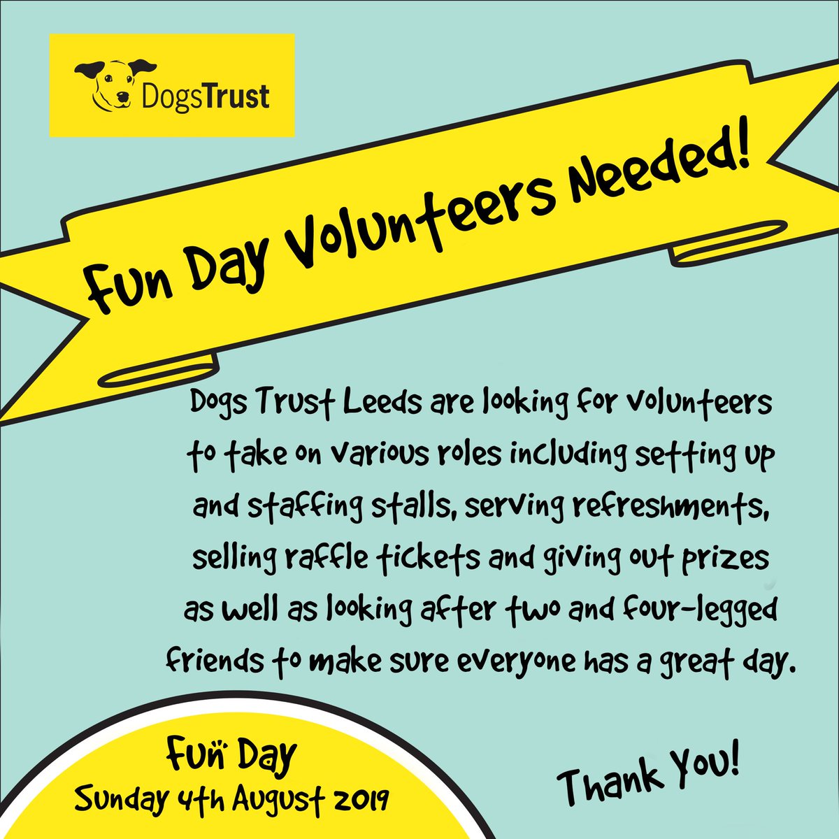 🙌We’re recruiting #FunDay #Volunteers NOW!🙌

Contact Alex on 0113 281 4945 or email Alex.Hartley@dogstrust.org.uk for more information ❤️🐶

#rescuedogs #volunteering #leeds #givingback #support #dosomethingnice #community #charity #leedscharity #dogcharity #leedsevents