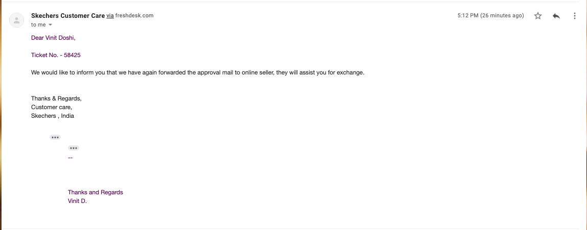 waitinfrachedin's tweet image. Sill no response from @MyntraSupport , I received this from @SkechersIndia almost a week back. It feels like a never ending battle now. Request you to take the matter seriously.
@myntra @myntra_engg #customersupportfailure