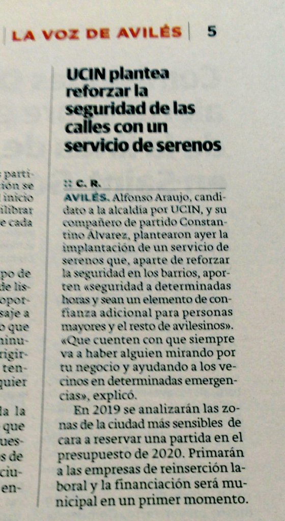 Hoy <a href="/lanuevaespana/">La Nueva España</a> y <a href="/lavozdeaviles/">La Voz de Avilés</a> se hacen eco de nuestra propuesta <a href="/ucinaviles/">UCIN Avilés</a> de poner en funcionamiento un servicio de serenos en la ciudad, aportando a los vecinos y comerciantes mayor confianza y seguridad.
#avilesenmarcha