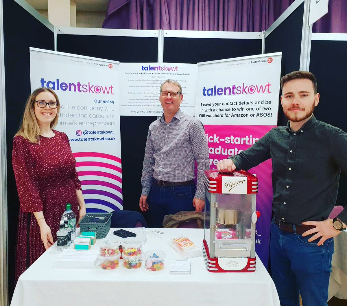 The Talentskowt team ready for a day at the @ManUniCareers #gradfair! Come and see us for your chance to win £50 in Amazon or ASOS vouchers and grab yourself some popcorn too! 2nd Floor, The Armitage Centre, Fallowfield. #uniofmanchester #UoM #UoMgradfair #makesomewaves 🌊