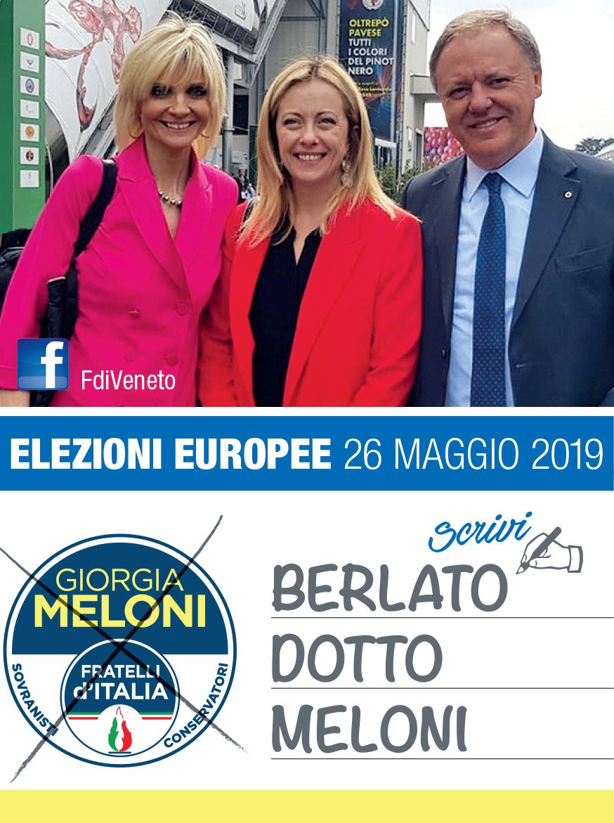 FdiAn_Vicenza's tweet photo. ELEZIONI EUROPEE 26 MAGGIO 2019 – IL COORDINAMENTO PROVINCIALE DI FRATELLI D’ITALIA VICENZA SOSTIENE LA CANDIDATURA DI SERGIO BERLATO, DI ISABELLA DOTTO E DI GIORGIA MELONI.

#votaitaliano #fratelliditalia #sergioberlato #giorgiameloni https://t.co/sOMDiZqmAZ