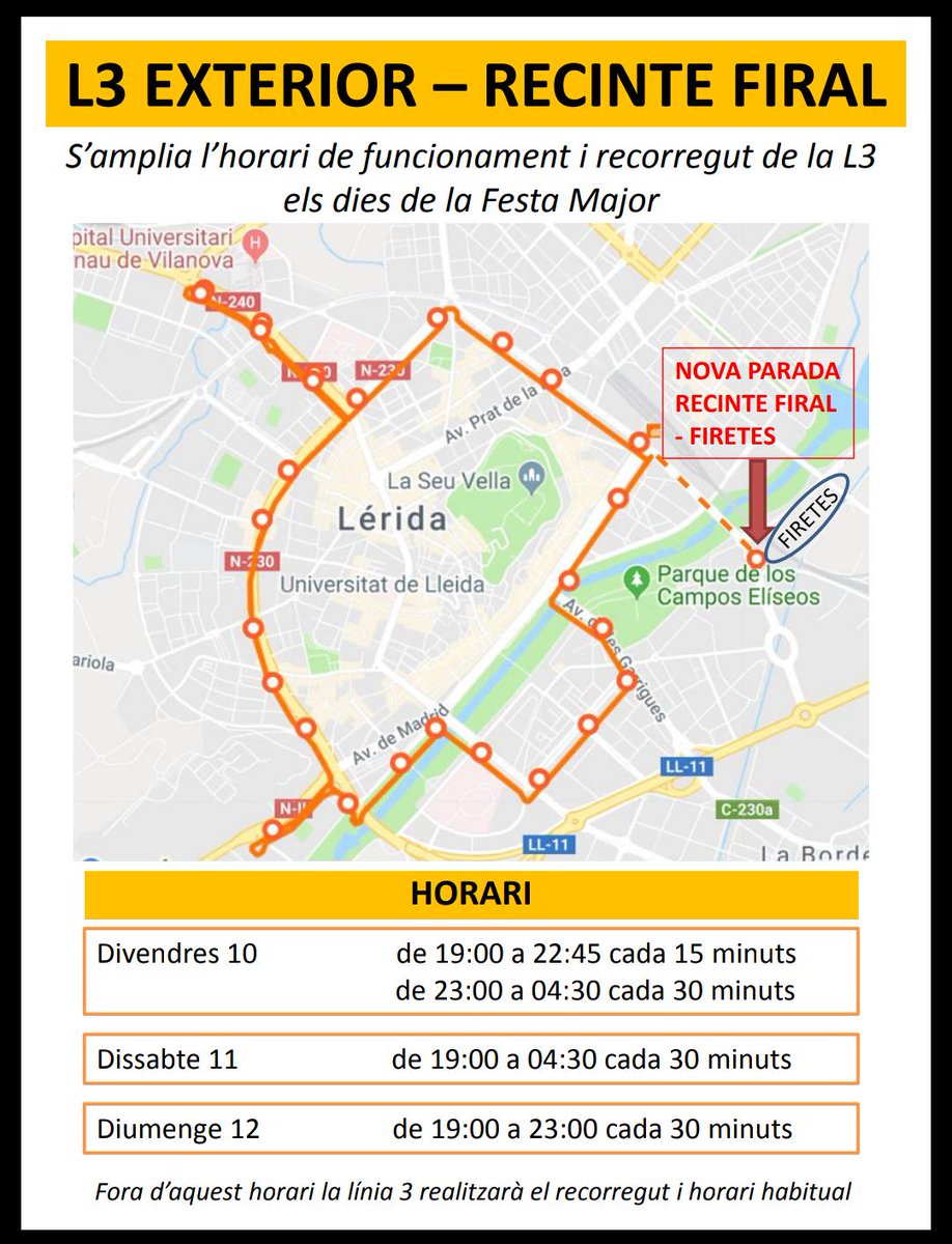 Fes de les #FestdesdeMaig 🎉 unes #festessostenibles💚! La L3 amplia horari i recorregut durant la Festa de maig! 🚌

#jofaiglleidaenverd #revolucioverda @paeriacomunica <a href="/paerialleida/">Ajuntament de Lleida</a> <a href="/MoventisInfo/">Moventis</a> <a href="/lleidaJove/">Lleida Jove</a> <a href="/turismedelleida/">Lleida Turisme</a>