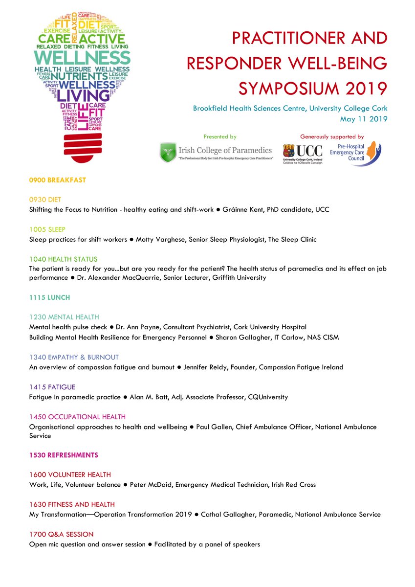 Only a few days (and only a few tickets!) left to our Wellbeing Symposium on Sat May 11 in UCC.  8 CPC points, great speakers providing practical advice, and catered breakfast and lunch - only 20EUR! More info here:  irishparamedic.com/wellbeing2019/