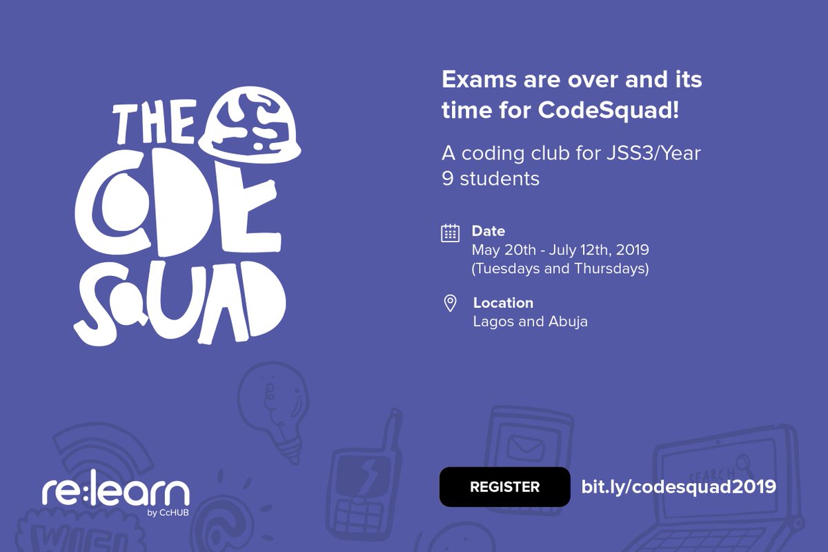 relearnNG's tweet photo. With the JSS3/Year 9 exams underway, have you thought of how to engage your young ones before Senior Year resumes? Hurry now to the #CodeSquad by #relearnNG for 8 weeks of coding and fun in #Lagos and #Abuja. Click https://t.co/NgHoJZCYnb to sign up.
#teensCanCode
#Nigeria https://t.co/YNgUZKM8Js