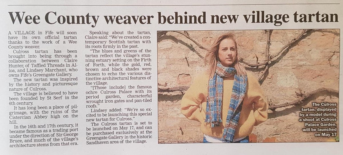 A big thank you to <a href="/alloatiser/">Alloa Advertiser</a> for including our exciting news on our official #Culross Tartan in their edition this week and a big shout out to Claire Hunter of Taffled Threads for her amazing weaving skills #talentedwomen #traditionalskills #handwoven #tartan #COLLABORATION