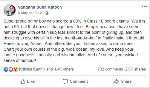 Parent_Circle's tweet photo. This post of a mother’s sincere celebration of her son’s 'effort' instead of 'marks' in the board exams is being commended and going viral. A pleasant reminder that there is more to life than marks!
#VandanaSufiaKatoch 👍 https://t.co/frheHAZsnV
