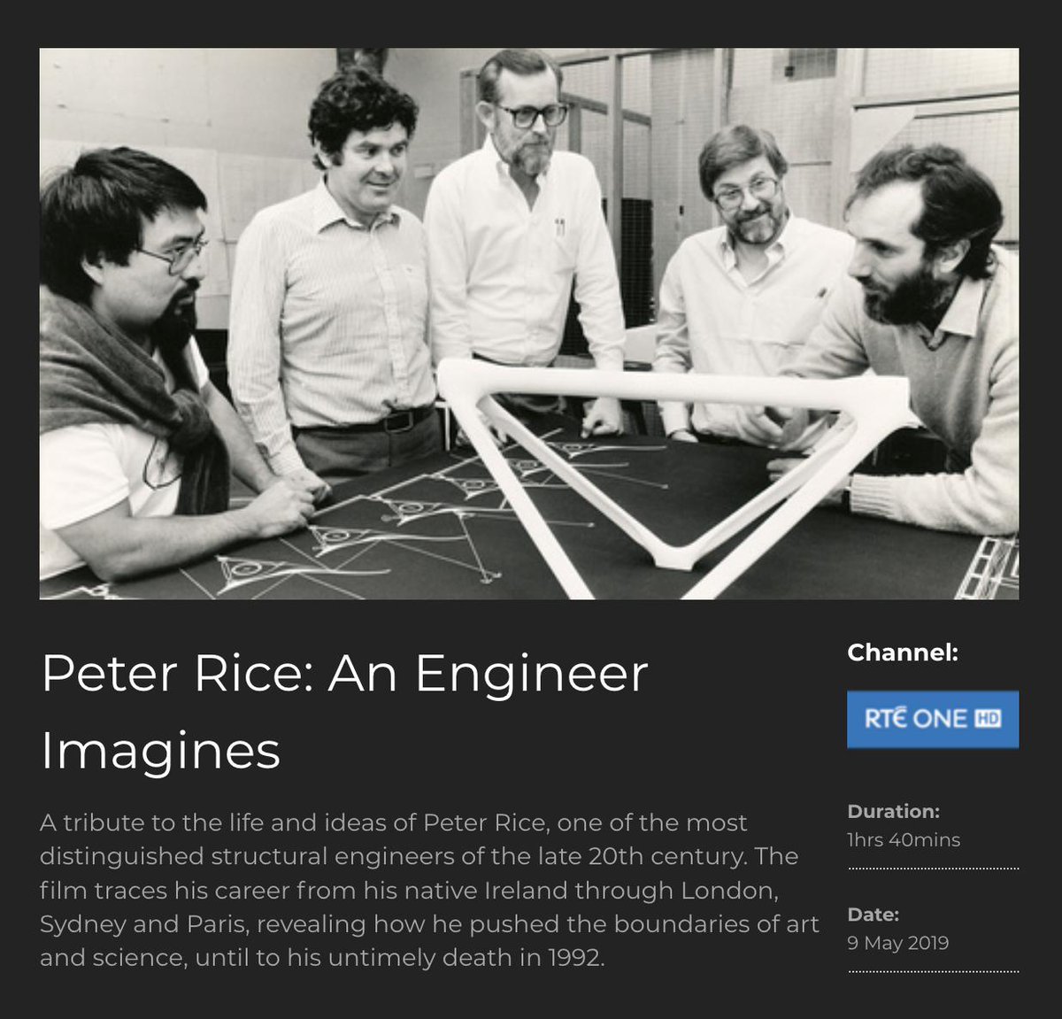 AnImagines's tweet photo. Delighted to report that An Engineer Imagines will make its TV debut on RTÉ 1 tomorrow evening at 22:15. Hope you all get to see it! 📺
Trailer below, make it a date! #peterrice #architecture #structuralengineer
https://t.co/vLs0cLtGQd https://t.co/nFTd9V7y5J