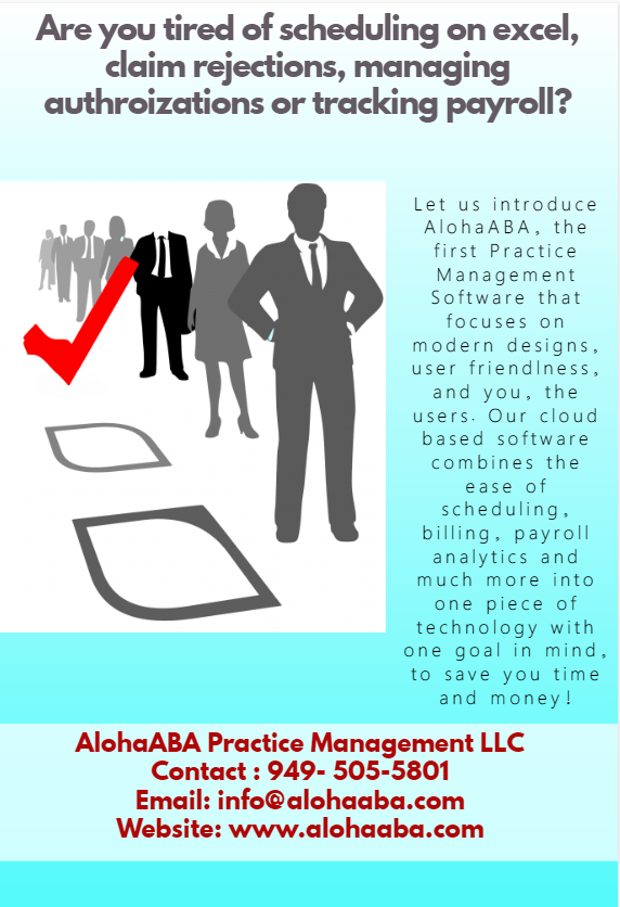 AlohaABA's tweet photo. AlohaABA reduces the administrative work needed to run a successful practice by seamlessly integrating billing, scheduling, and payroll. All you need to do is schedule and complete an appointment. #alohaaba #practicemanagement #software #autism @AlohaABA: https://t.co/2HQ6v1gaq4 https://t.co/8lNGXszZAX