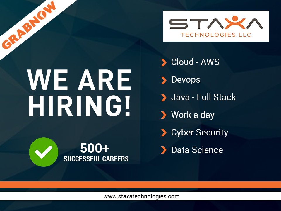 StaxaTechnolog1's tweet image. join the Team, We&apos;re Hiring!
Contactus for more info : +1(919)-371-4177
✅ 500+ Successful Careers
✅Training
.
.
#staxatechnologies #hiring #jointheteam #grabnow #hiringnow #training #placements #careers #successfulcareers