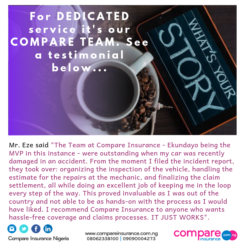 CINigeria's tweet image. We love what we do. This is our everyday attitude. Got a minute? Visit compareinsurance.com.ng to purchase even your #ThirdPartyInsurance 

#Compare #Dedication #ComprehensiveInsurance #testimonials #Insurance #Motor