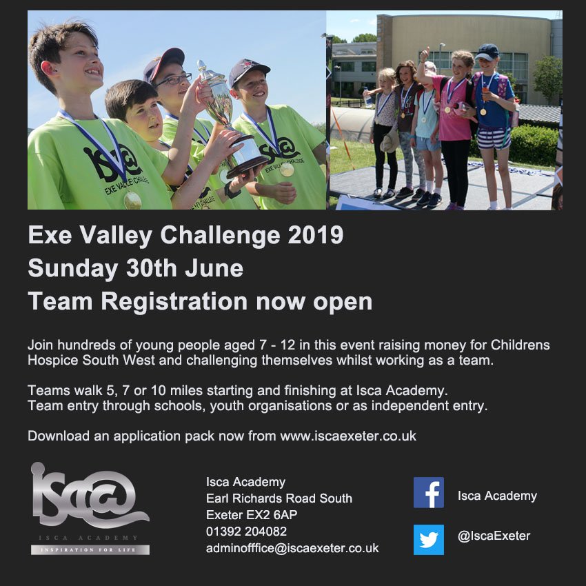 EVC_Isca's tweet photo. Booking is open for the 2019 Exe Valley Challenge on Sunday 30th June.
See the Isca Academy website for booking forms and route details. https://t.co/FoxVl0wILk