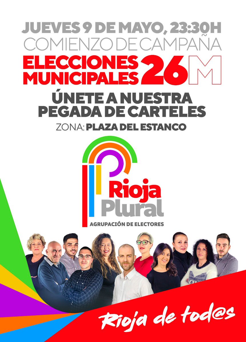 ÚNETE A NUESTRA PEGADA DE CARTELES
Estaremos, el jueves, a partir de las 23:30 h por la zona del Estanco. Ayúdanos!!! 
RIOJA DE TOD@S!!! 
#RiojaPlural #EleccionesMunicipales2019 ✌🏻🗳