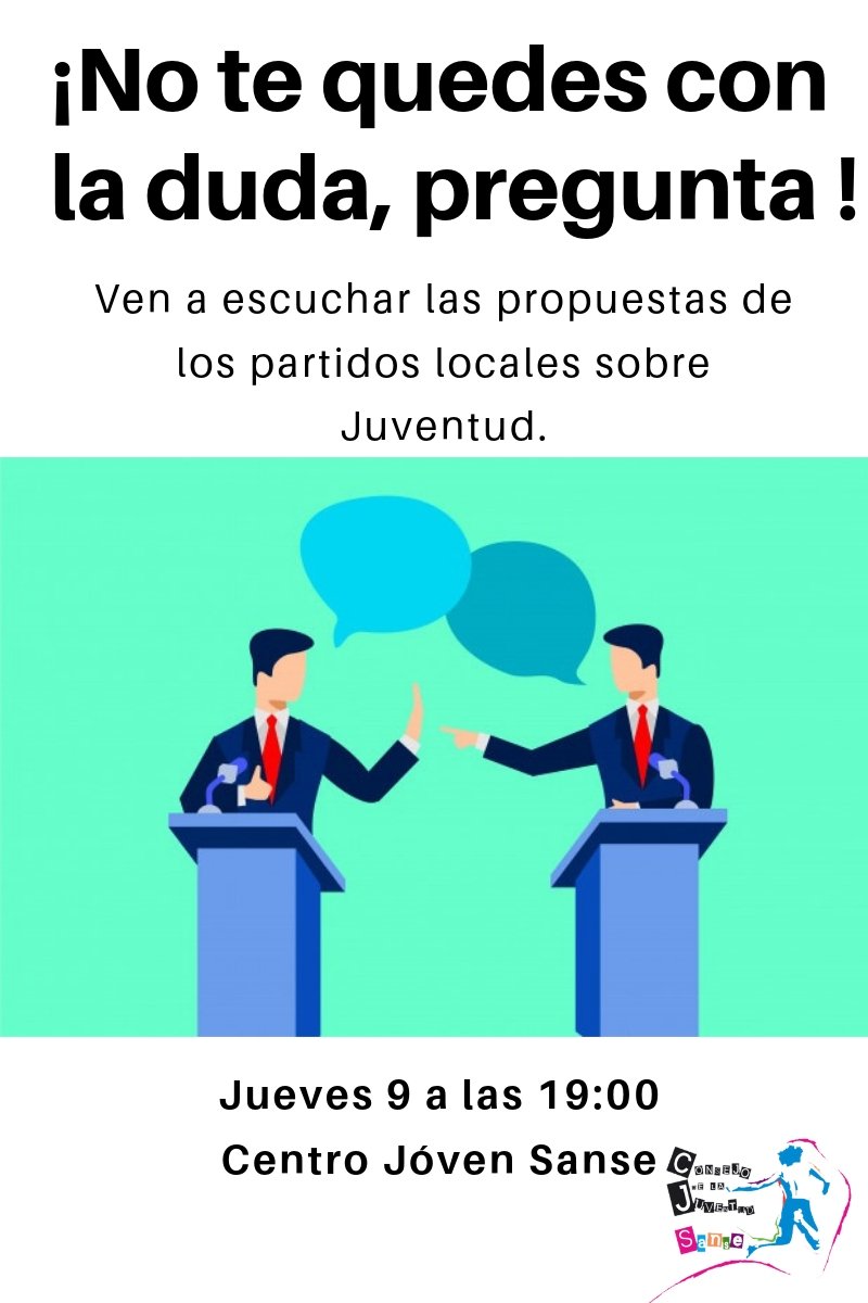 ConsejoSanse's tweet photo. ¿Cuáles son las ideas para mejorar el acceso al empleo joven? ¿Habrá nueva vivienda de alquiler para jóvenes? ¿Por fin contaremos con un skatepark en #Sanse?
Pásate este jueves a las 19:00 por el Centro Joven, entérate de sus propuestas y pregunta tus dudas. #DebateConsejoSanse https://t.co/bJ2i4GrfYS