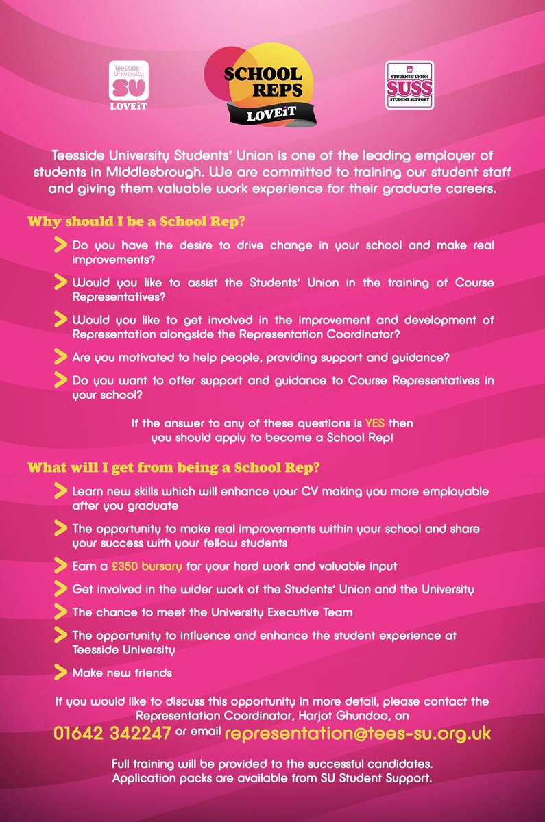 Opertunity to become a school rep and represent your school and fellow students along side the SU <a href="/TeessideUni/">Teesside University</a> <a href="/Dr_K_Hurst/">Keith Hurst</a> <a href="/TeesPsych/">Teesside Psychology</a> @