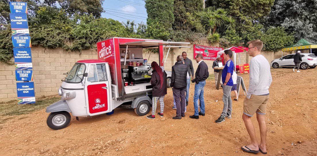 thecofficesa's tweet photo. @ewnreporter Lines here in Sandton were very busy this morning, at least people had the chance to get great coffee! #SAElections2019 #Everyvotecounts #Everycoffeecounts https://t.co/w3t8ESn8jT