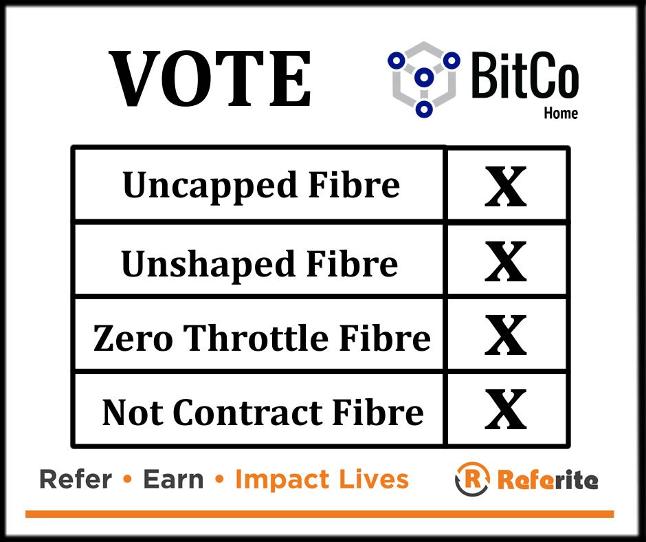 Referite's tweet photo. Make another important choice &amp; choose #BITCO #FibreToTheHome.

Visit (link: https://t.co/Ugc0XtLPeZ) https://t.co/rViX6OsqdG submit your details under our #BITCO offering &amp; enjoy affordable, uncapped, unshaped fibre.
#SAElections2019 https://t.co/SBB3d878yf