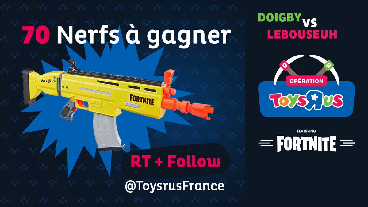BOOM ! Petit concours ! 70 gagnants repartirons avec un jouet Nerf version Scar-L Fortnite ! 🎉

Pour participer : 

🎈 RT ce post
🎈 Follow @ToysrusFrance

Bonne chance à tous ! 🍀

Et rendez-vous à 17h sur mon live pour "LE DUEL" 👀