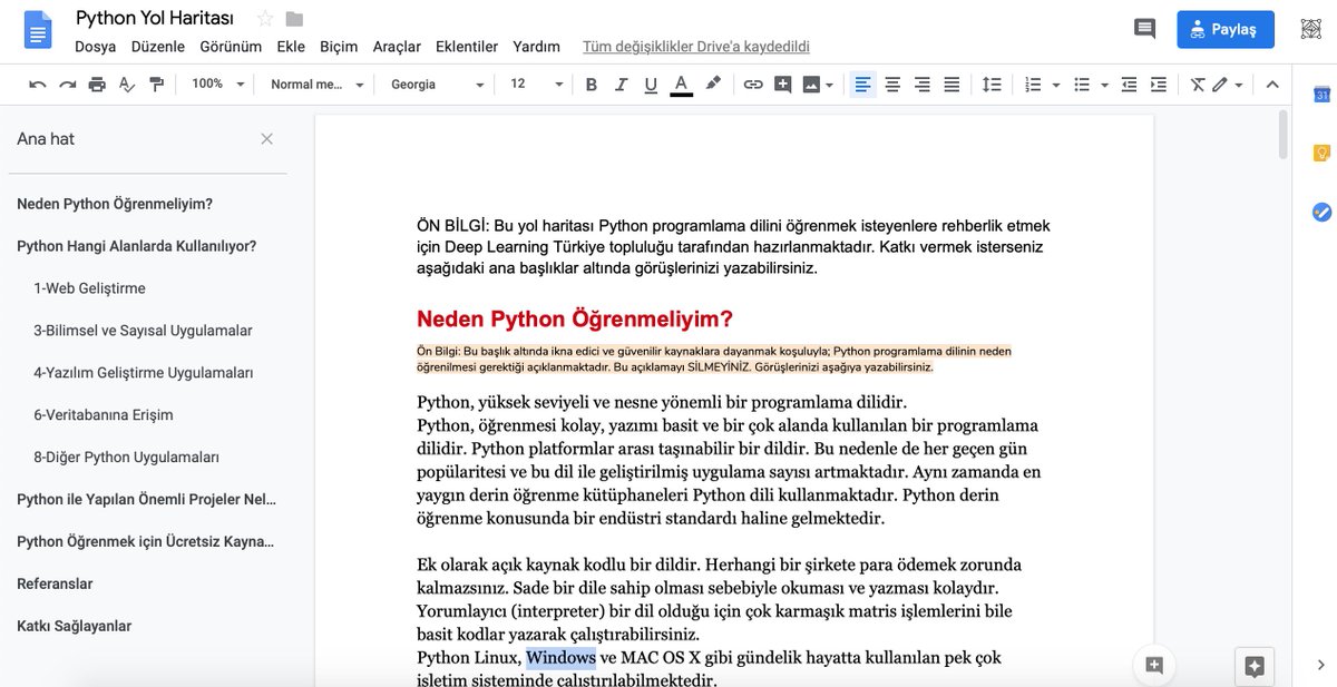 #Python yol haritasını hazırlamaya başladık! Python ile ilgili verebileceğiniz önerileriniz var ise lütfen buyurun: bit.ly/pythonyolharit… 

Katkı sağlamak için yorumlarınızı ve düzeltmelerinizi doküman üzerinde yapabilirsiniz. Çalışma, herkesin katkı vermesine açıktır.