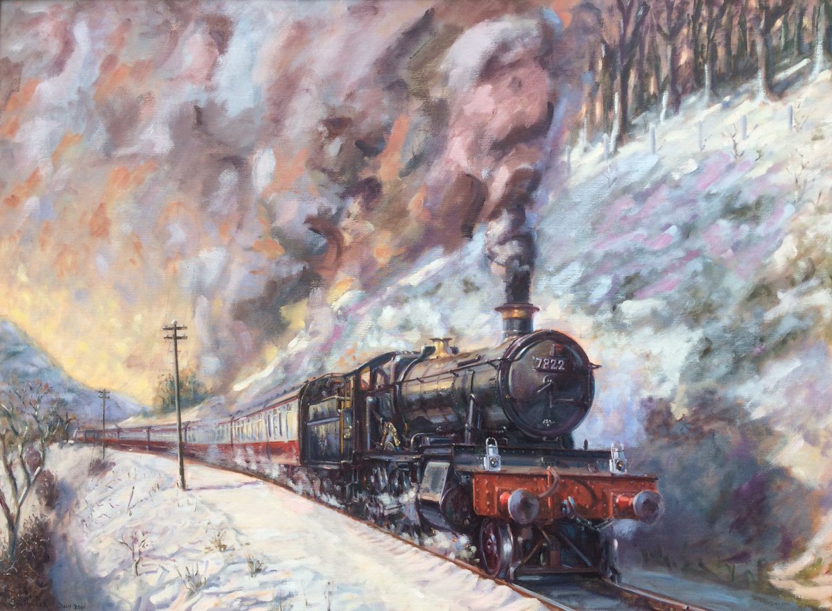 Railpainter's tweet photo. The Manor in Winter with 7822 Foxcote Manor in mid Wales 30”x 40” oil on canvas #railart #steam #locomotive #foxcote https://t.co/8dKmcwBKuM