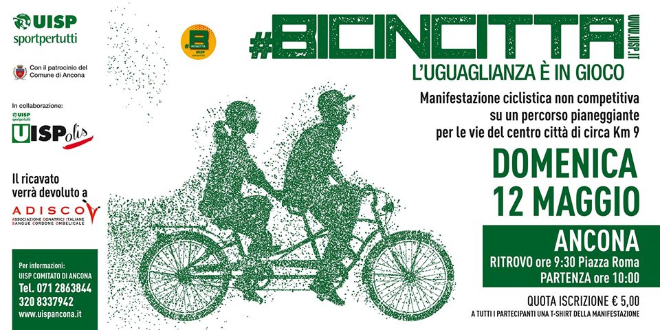 Domenica 12 maggio prendi la bicicletta e vieni a #Bicincittà ! La partenza è alle 9 da Piazza Roma per una #pedalata di 9km (pianeggianti) per le vie del centro.
La partecipazione è di 5 euro che andranno devoluti ad ADISCO Regione Marche,  <a href="/UISP/">uisp</a> Marche