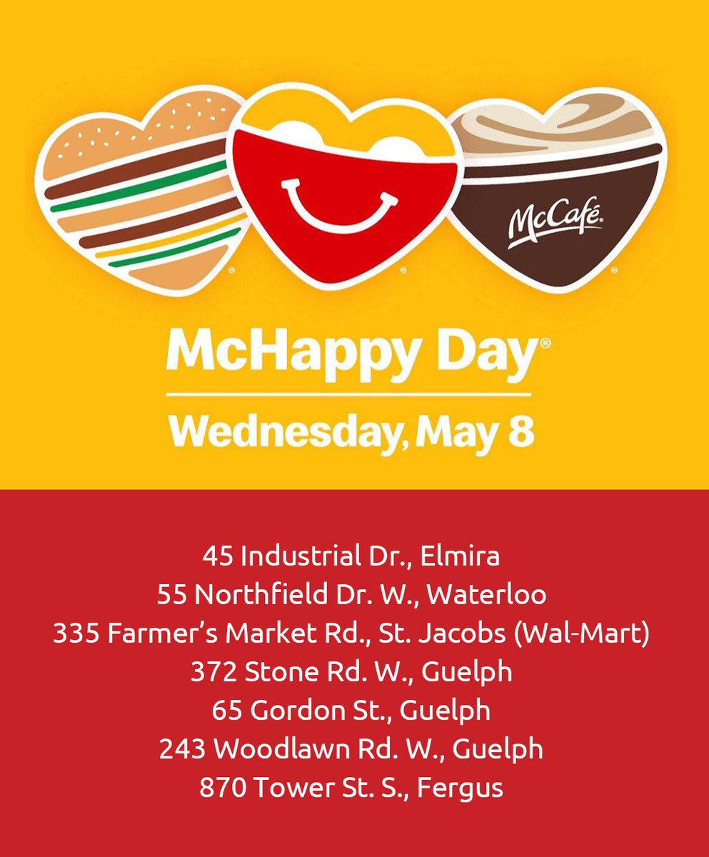 KidsAbility's tweet photo. Today is #McHappyDay at @McDonalds - and everyone is “McHappy” as $1 from the sale of every Big Mac, Happy Meal and hot McCafé beverage from the following locations will support KidsAbility! It's one of our most favourite days of the year - you don't want to miss it! https://t.co/3N0yibL9xn