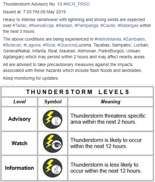dost_pagasa's tweet photo. Thunderstorm Advisory No. 13 #NCR_PRSD
Issued at: 7:03 PM,08 May 2019 https://t.co/FaImdntuqR