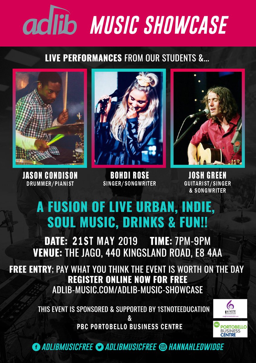 21st May 2019 the next music showcase! Register now online adlib-music.com/adlib-music-sh…
@PortobelloBC <a href="/1stNoteEd/">1st Note Education</a>
#musicindustry #Music #EventsMarketing #events #WednesdayWisdom #WednesdayMotivation #Wednesday #newmusic