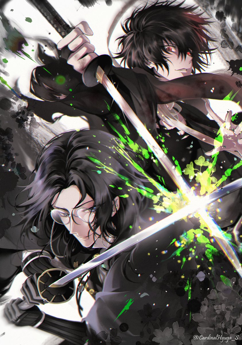 black hair weapon sword multiple boys 2boys holding sword glasses  illustration images