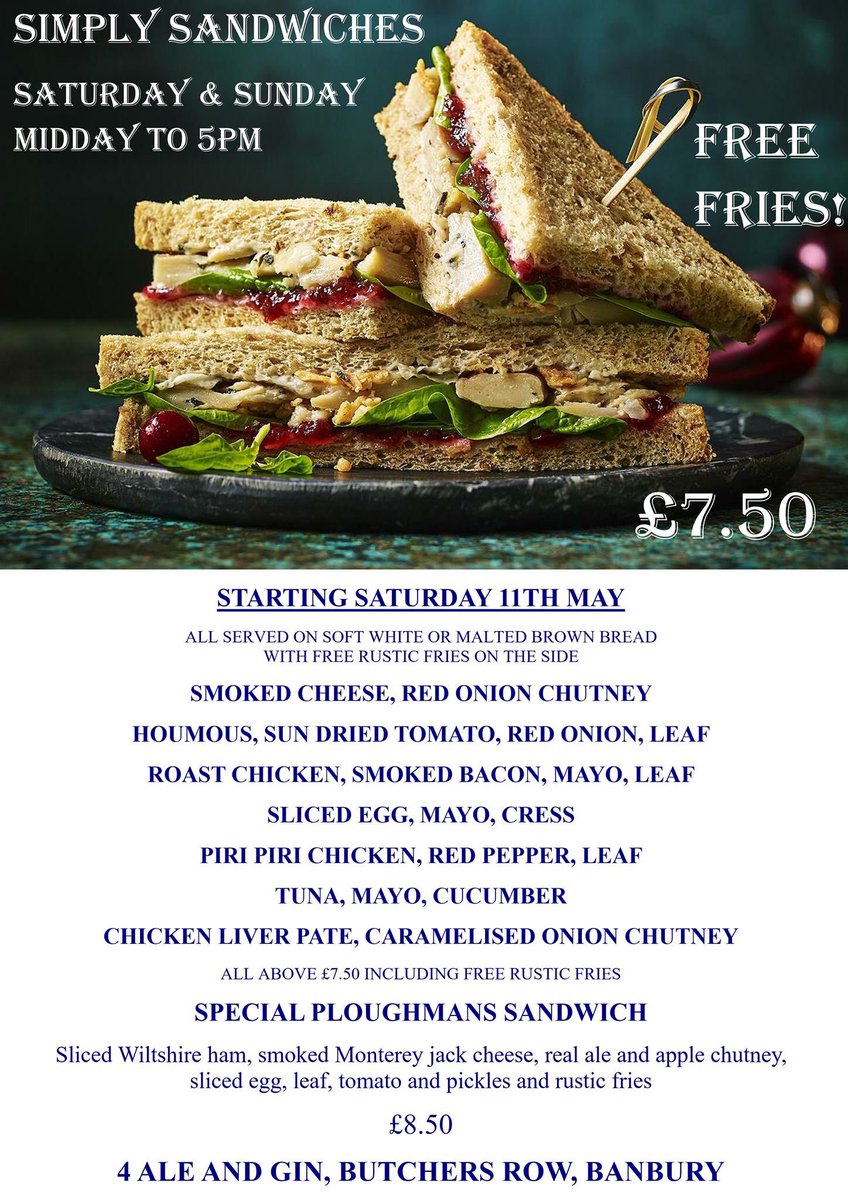 We are starting our special weekend lunch deal this Saturday 11th May. 

Simply Sandwiches with FREE fries only £7.50. Serving Midday to 5pm Saturday and Sunday :)