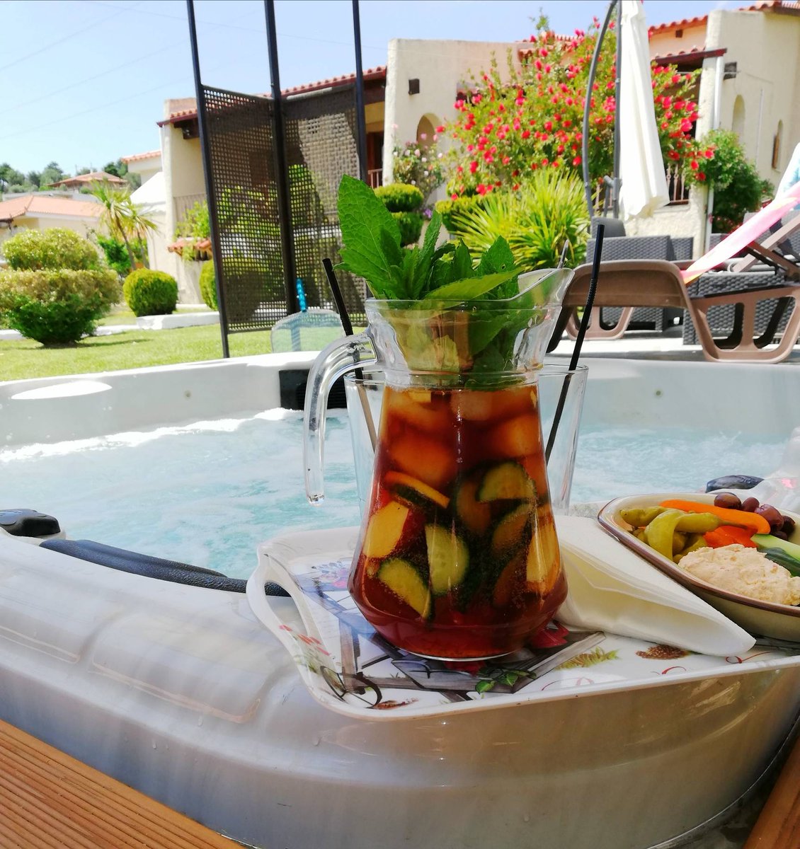 Pimms, mezze, sunbathing and hot tub. Recovery day the  GCH way cyclelife #cycleholidays #cycleholidaysarethebestholidays #cycleinthesun #cycleselfie #roadcycling #strava #greekcycling #cyclewithaview #keeppedling #GCH #cyclingvilla #allinclusive #relax #recover