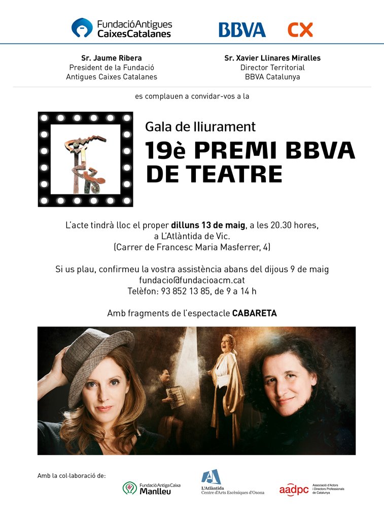 Vols saber quin serà l'espectacle guanyador del <a href="/PTeatre/">Premi BBVA de Teatre</a> 2019?
Assisteix a l'acte de lliurament de premis confirmant assistència abans de demà, 9 de maig. Places limitades.
T'hi esperem!