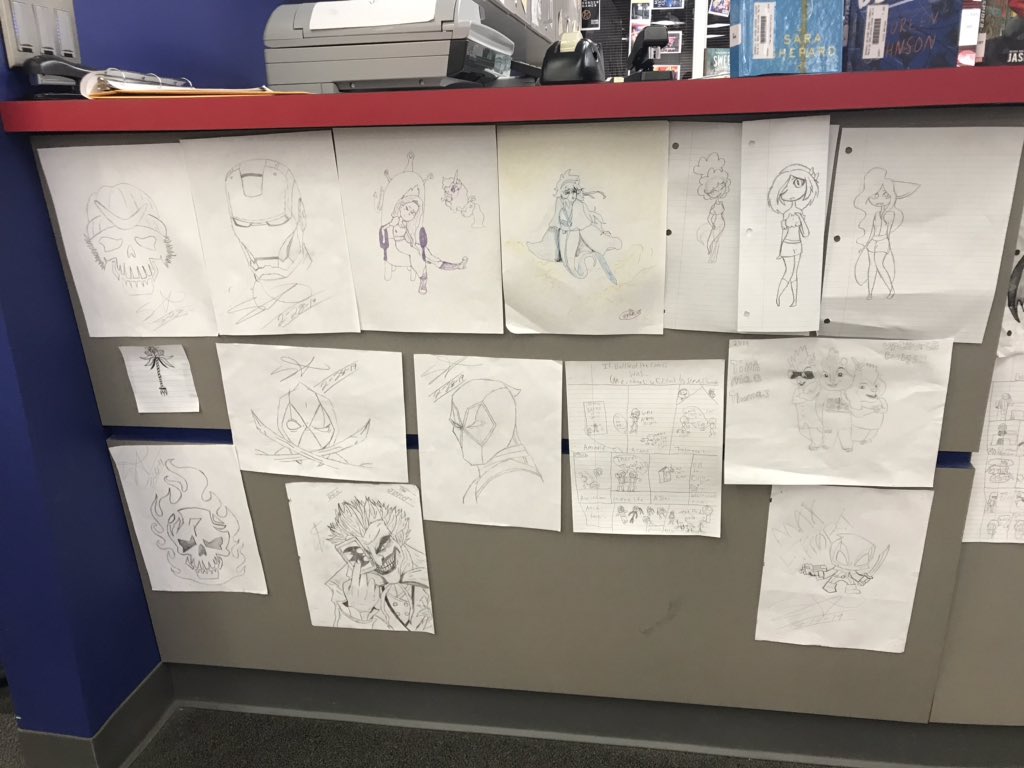 RCHSLibrary's tweet photo. Our students are so talented. We love displaying the creative art and characters our Lakers create for the Laker Library! #thatlakerlife #lakerlibrary https://t.co/t3slVnqWQG
