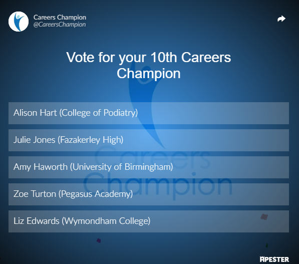 careerschampion's tweet photo. Voting for the 10th @careerschampion is now open. Five amazing finalists all doing great careers work. Vote here https://t.co/6sJqAYja6O  @unibirmingham @CollegePodiatry @HeadFazakerley @WymondhamCol #careers @CareersWeek https://t.co/b0pWvNLqlE