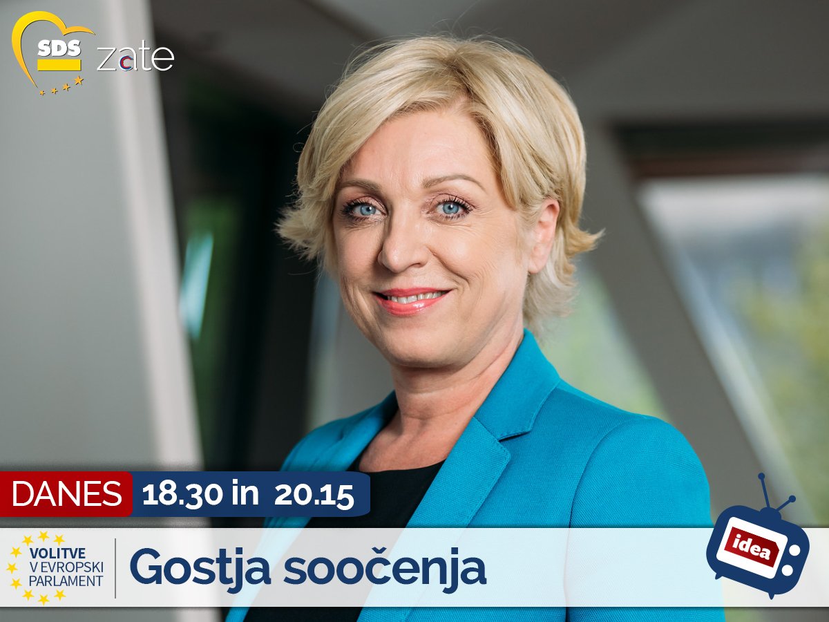 strankaSDS's tweet photo. [NAPOVED] @RomanaTomc je bila v ponedeljek gostja soočenja na #TVIdea. Predvajanje soočenja za #EUvolitve19 bo danes ob 18.30 in ob 20.15. Vljudno vabljeni k ogledu. #SDSzate #SkupajSmoMočnejši https://t.co/4zYw0C2NGJ